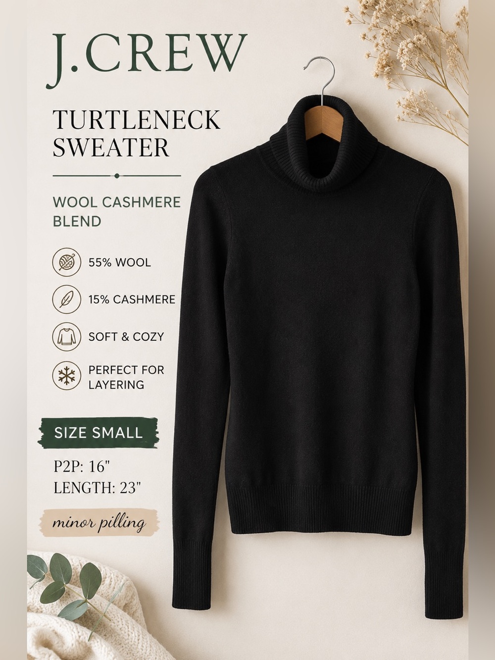 J. Crew Black Wool Cashmere Blend Turtleneck Sweater Size Small Classic Knit